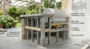 Step-by-step diagram showing the internal structural framing layout of a masonry outdoor kitchen island for a built-in gas grill.