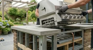 Cross-section illustration showing a built-in gas BBQ grill head dropping into the countertop cutout and resting securely on its support flanges.