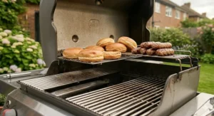 An internal chrome-plated warming rack inside a 3 burner gas BBQ to keep food hot while grilling.