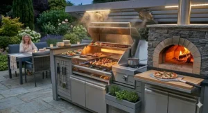 A large-scale commercial-grade gas BBQ for home use filled with burgers, sausages, and vegetables, demonstrating its large cooking surface area for British garden parties.