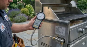 A professional technical diagram illustrating the mains natural gas connection line for a commercial-grade gas BBQ for home installation to UK safety standards.