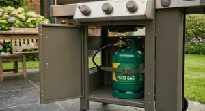 Lower storage cabinet designed to neatly house a green patio gas cylinder beneath the grill.
