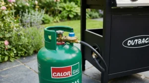 Illustration showing a green patio gas cylinder connected to a budget gas grill regulator.