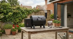 A portable tabletop pellet smoker sitting on an outdoor wooden table in a compact courtyard garden.