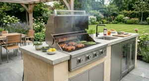 Close-up of the high-quality, marine-grade stainless steel finish and durable control dials on a premium built-in gas barbecue.