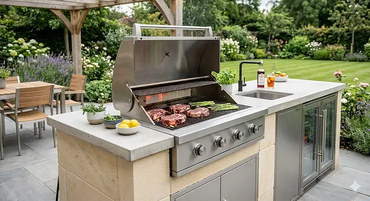 A premium built-in gas barbecue integrated into a modern stone kitchen island on a UK patio. premium built in gas barbecue