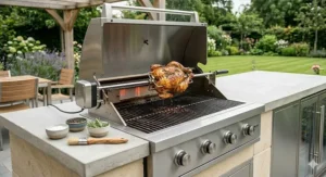 A lifestyle scene showing a premium built-in gas barbecue in a landscaped British garden, ready for alfresco dining.