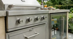 Schematic view displaying the multi-burner layout of a premium built-in gas barbecue designed for even heat distribution.
