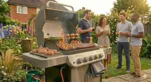 A premium gas barbecue with an open hood displaying a diverse feast including a whole chicken, vegetable skewers, and burgers, built for easy maintenance.