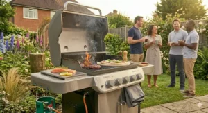 A premium gas barbecue being used to cook a variety of food, including a pizza on a baking stone and salmon on a side tray, with the heavy-duty hood raised.