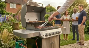 A detailed view of a premium gas barbecue with the hood open, showcasing the side shelves and a hand using tongs to sear a burger directly over the hot flames.