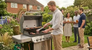 A side-angle close-up of a premium stainless steel gas barbecue on a patio, showing the grill master using tongs to flip burgers on the hot cooking grates while guests socialise in a British garden.