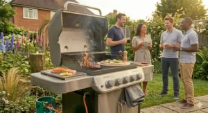A premium gas barbecue set up in a garden, displaying the lower storage area and a green patio gas cylinder connected with an orange hose regulator.
