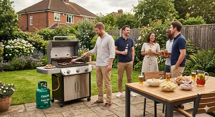 A premium gas barbecue set up on a riven stone patio in a lush British garden, with food cooking on the grill grates next to a green patio gas cylinder. premium gas barbecue