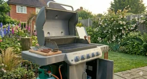An empty premium gas barbecue clean and ready for storage on a stone patio, featuring barbecue tools on a wooden board and an open storage compartment beside a green gas bottle.