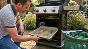 Illustration of an easy-clean removable grease tray being slid out from underneath a family gas BBQ.
