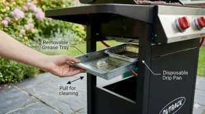 Diagram showing how to remove the grease collection tray from a small gas grill for easy cleaning.