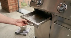 Easy-to-clean removable grease drip tray on a portable 2 burner gas bbq.