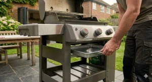 Easy-clean removable grease drip tray located underneath a stainless steel 3 burner gas BBQ.