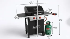 Technical drawing showing the width and depth of a budget 2 burner gas grill, ideal for small balconies or patios.