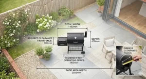 A diagram showing the small footprint and clearance required for a smoker in a narrow UK garden layout.