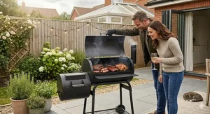 A person lifting the lid of a small smoker to reveal a beef brisket being slow-cooked in a small British backyard.