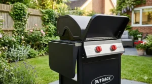 Close-up of a 2 burner gas bbq with side shelves folded down to save space in a garden shed.