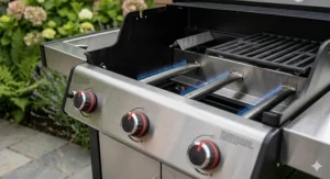 Close-up of three high-grade stainless steel gas burners providing even heat distribution for outdoor cooking.