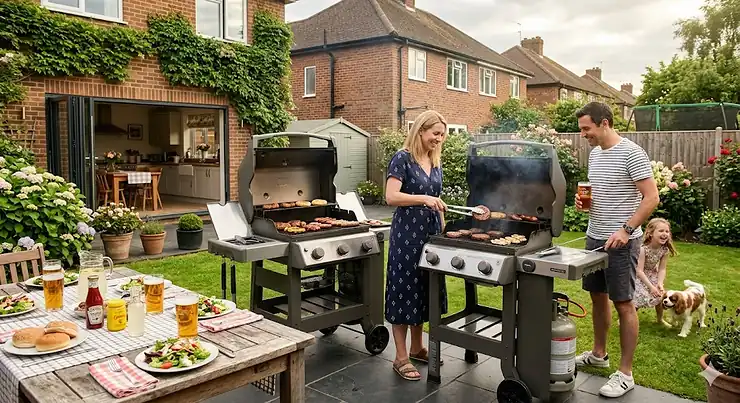 A premium stainless steel 3 burner gas BBQ set up on a stone patio in a British garden during summer. stainless steel 3 burner gas bbq