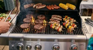 A stainless steel 4 burner gas bbq with its hood down, positioned on wooden garden decking with an integrated smoker box releasing light smoke.