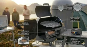 A portable smoker with heat-resistant feet being used safely on a wooden garden table.