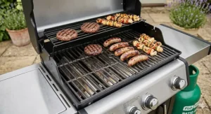 Close-up of the porcelain-enamelled cast iron cooking grids on a 3 burner gas BBQ showing enough space for 15 burgers.