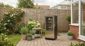 A slim stainless steel vertical electric smoker standing on a small brick patio, ideal for gardens with limited floor space.