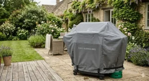 A 3 burner gas BBQ protected by a heavy-duty waterproof cover to suit the British climate.