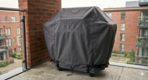 A bespoke waterproof cover protecting a 2 burner gas bbq from typical British rain.