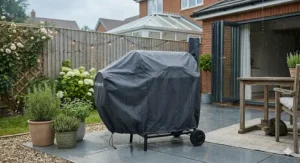 A small garden smoker protected by a heavy-duty waterproof cover during a typical rainy British afternoon.