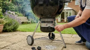 Close-up of a man's hand adjusting the bottom air vents on a black kettle barbecue to control the temperature while cooking in a garden.