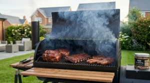 Close-up of a hand in a glove adjusting the top air vent on a kettle barbecue lid to manage cooking temperature.