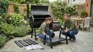 A step-by-step illustration showing the straightforward assembly process of a large barrel smoker for your outdoor space.