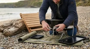 A close-up view of hands assembling the specific interlocking silver legs of the black portable charcoal grill on a pebbled UK beach.