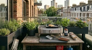 Essential accessories for a tabletop gas BBQ used for balcony entertaining.