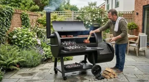 Detailed view of the adjustable air vents on a barrel smoker used to regulate temperature for precise charcoal cooking.