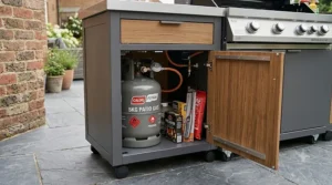 Technical cutaway view showing the internal construction, insulation, and marine-grade steel frame of the BBQ cabinet.