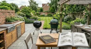 A complete outdoor kitchen setup with a kamado grill and kettle barbecue, including a book of garden layout ideas.