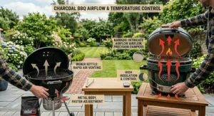 Technical graphic explaining airflow and temperature control differences between kamado precision dampers and kettle venting.