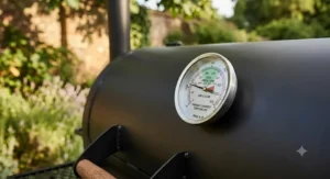 A close-up of a barbecue thermometer gauge showing the needle positioned within the ideal smoke zone range for low and slow cooking.