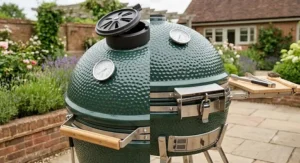 Close-up of juicy burgers and skewers sizzling on a hot ceramic barbecue grill, featured in our independent ceramic bbq reviews.