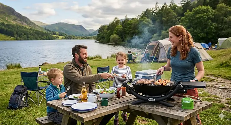 A family using a compact portable gas BBQ to cook sausages and skewers on a picnic table at a scenic British lakeside campsite. portable gas bbq for camping