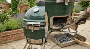 A close-up of the top ventilation cap and temperature gauge on a kamado-style ceramic barbecue, highlighting precise heat control.