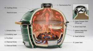 A cross-section diagram of a ceramic kamado grill illustrating airflow and heat distribution for efficient, versatile cooking.